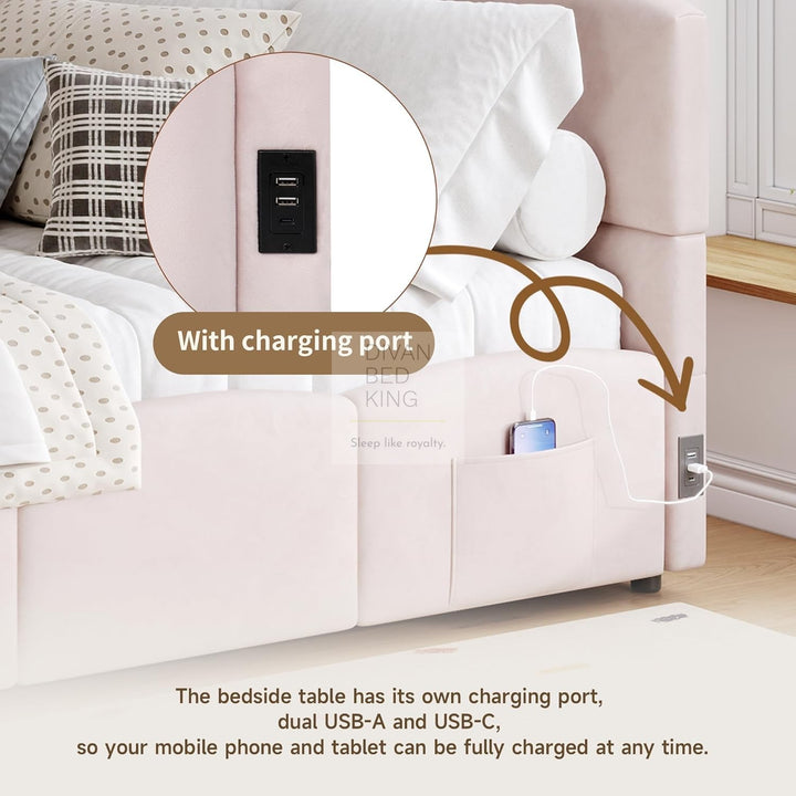 Amaia Pink Plush Velvet Smart Ottoman Storage Daybed Sofa Bed Couch with Charging Station, USB & Type C Ports