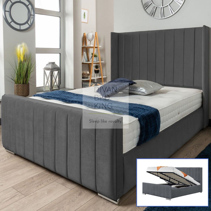 Leonilda Dark Grey Velvet Wingback Ottoman Storage Bed Frame