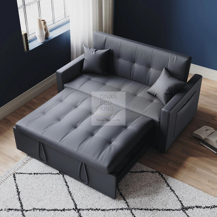 Santana Ash Grey Leather Daybed Sofa Bed Couch with Sidepockets & 2 Matching Pillows