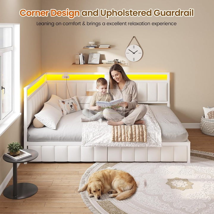 Giavanna Beige Linen 2 Drawer Low Smart Sofa Bed Daybed with LED Lights, USB & Type C Charging Station