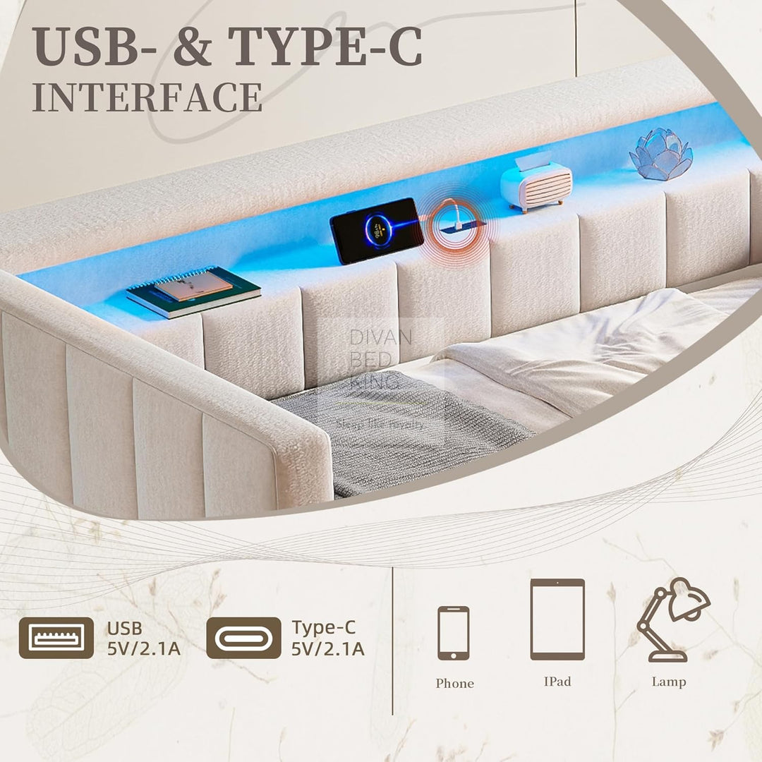 Adalynn Beige Plush Velvet Smart Sofa Bed Daybed with Bluetooth LED Lights, Storage, Shelves, USB & Type C Charging & Trundle
