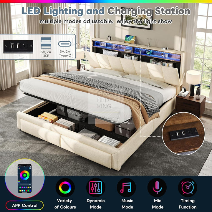 Aarya Beige Linen 2 Drawer Ottoman Storage Bed with LED Lights, Type C and USB Charging Headboard Storage Shelf