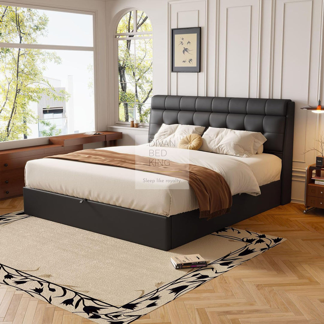 Carmine Black Leather Ottoman Storage Bed with Headboard Storage