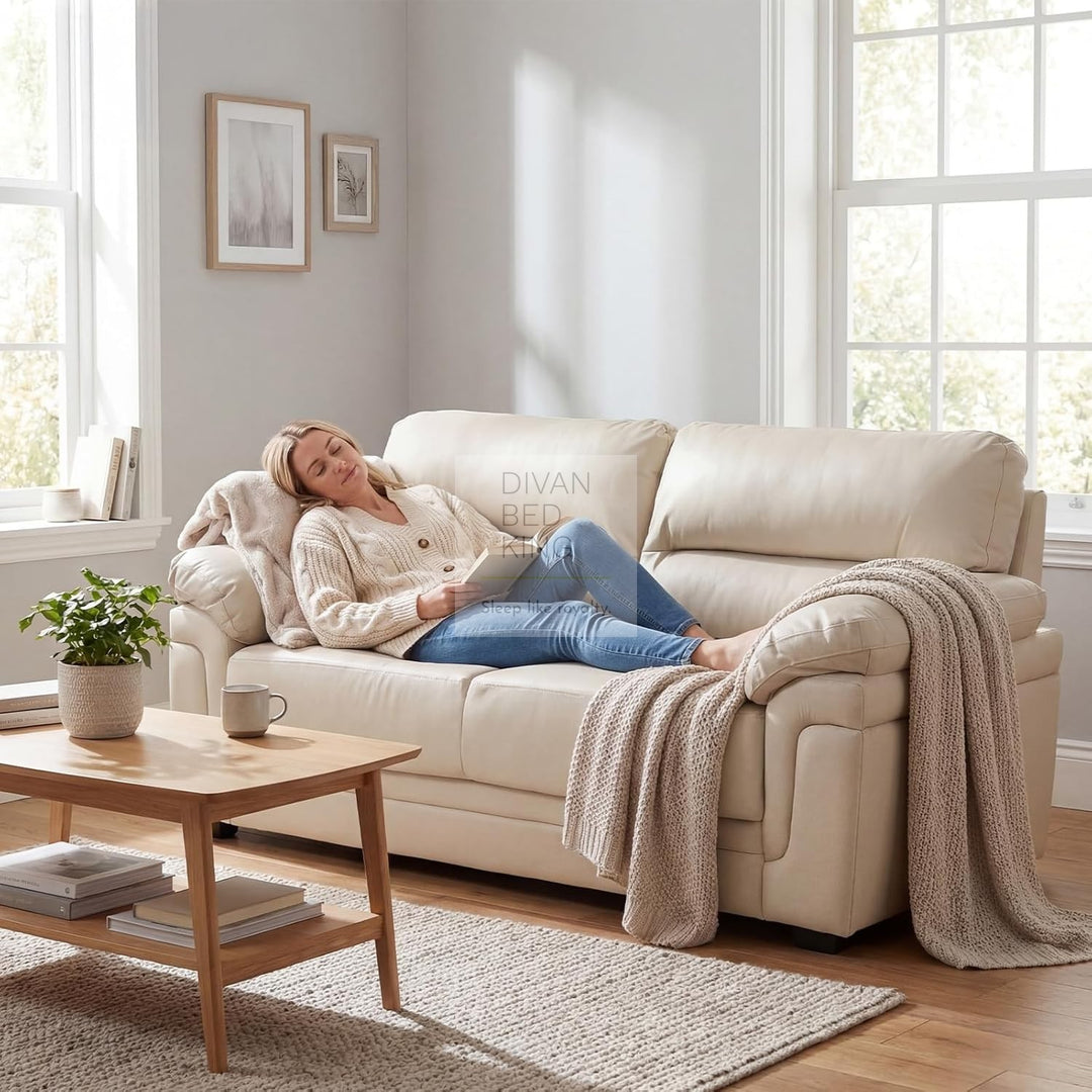 Delgado Luxury Beige Leather Sofa Couch Settee with Pocket Spring & Reflex Foam Support