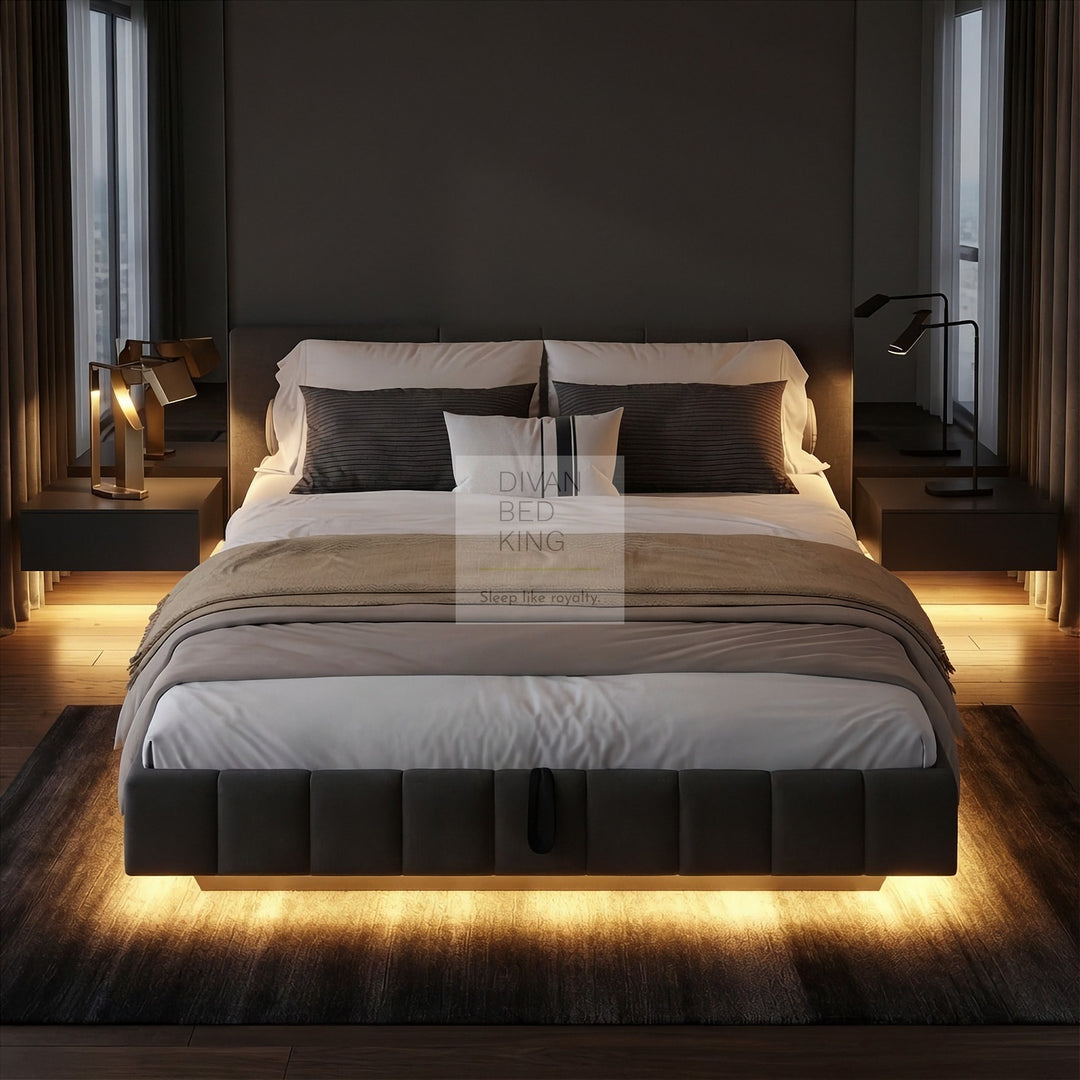 Carrillo Floating Style Smart LED Grey Linen Ottoman Gas Lift Storage Bed Base