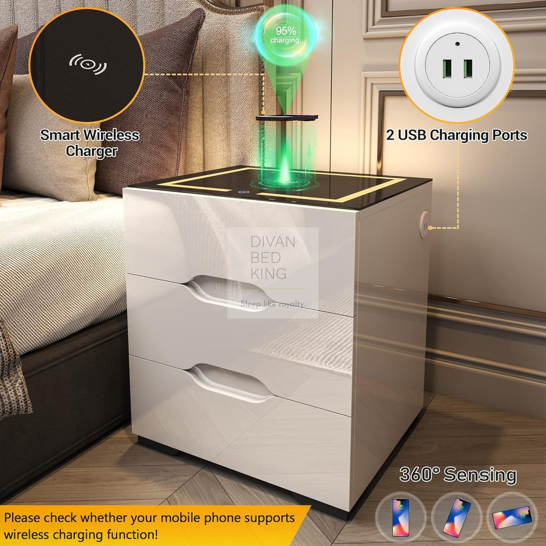 Barrera 3 Drawer White High Gloss Smart LED Bedside Table with USB and Wireless Charging