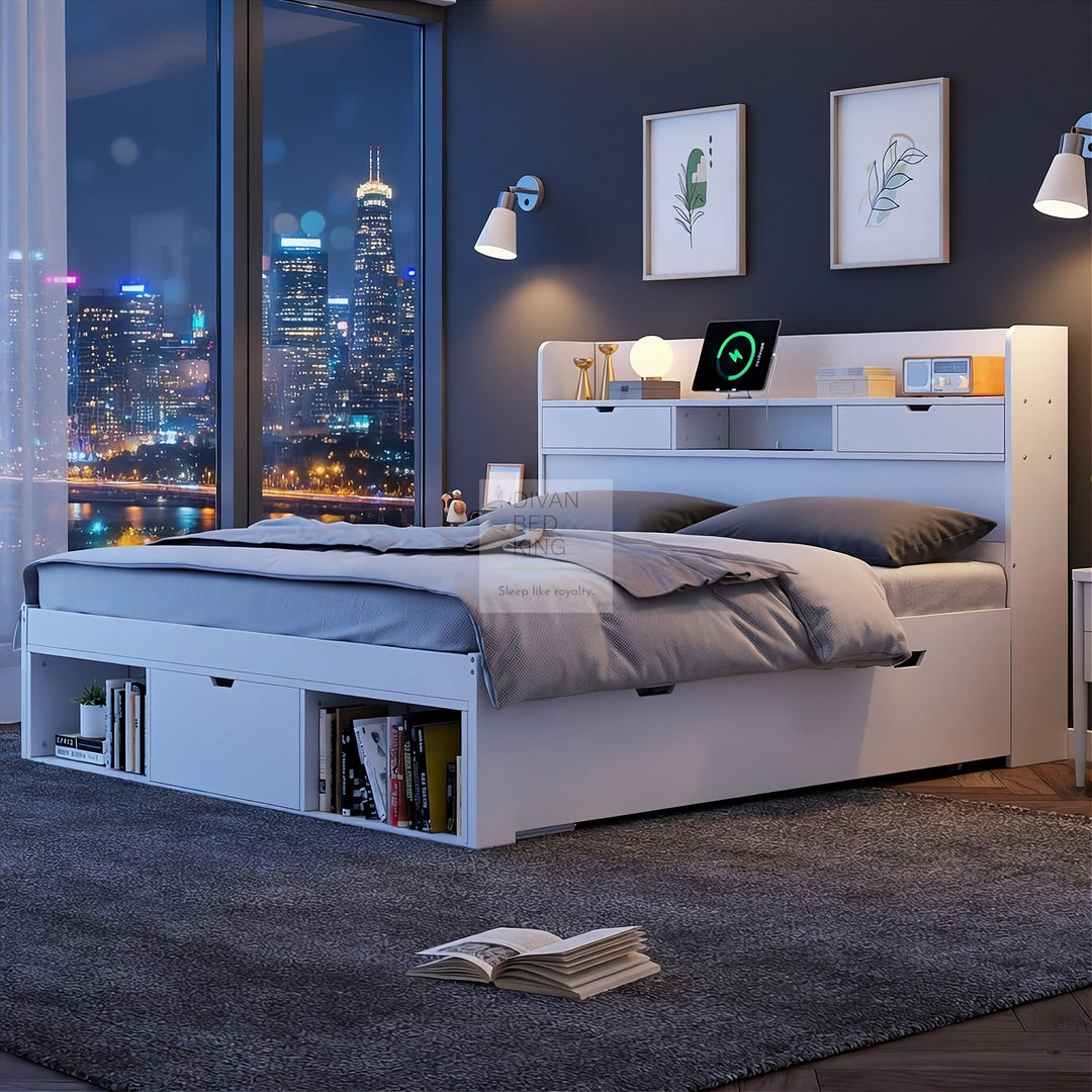 Castaneda White Wooden Smart Bed with 4 Drawers, Power Outlets and USB Ports & Shelves