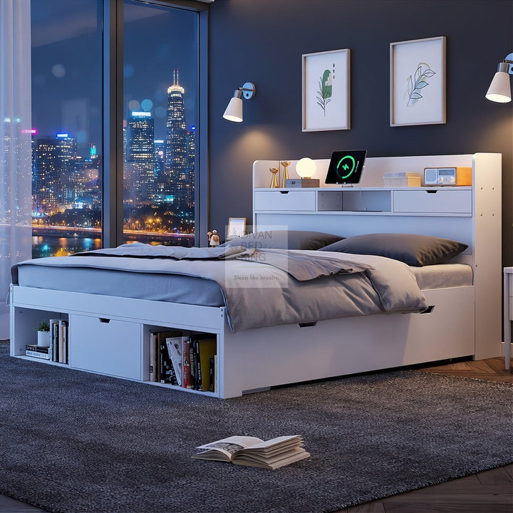 Castaneda White Wooden Smart Bed with 4 Drawers, Power Outlets and USB Ports & Shelves