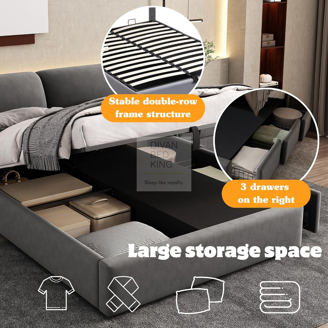 Cosenza Large Padded Headrest Grey Velvet Ottoman Storage Bed with 3 Drawers