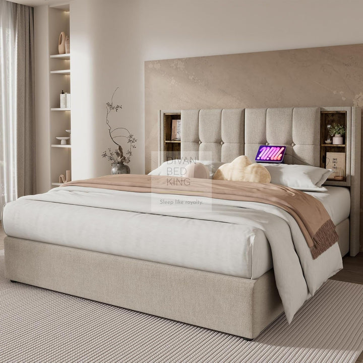 Guevara Beige Cream Linen Ottoman Storage Bed with Type C, USB & Wireless Charging Headboard Shelves