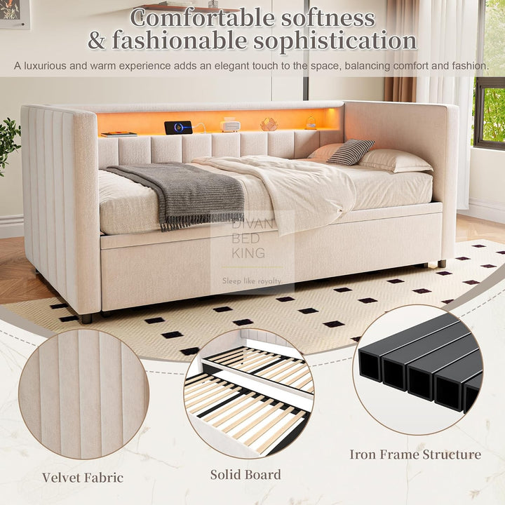 Adalynn Beige Plush Velvet Smart Sofa Bed Daybed with Bluetooth LED Lights, Storage, Shelves, USB & Type C Charging & Trundle