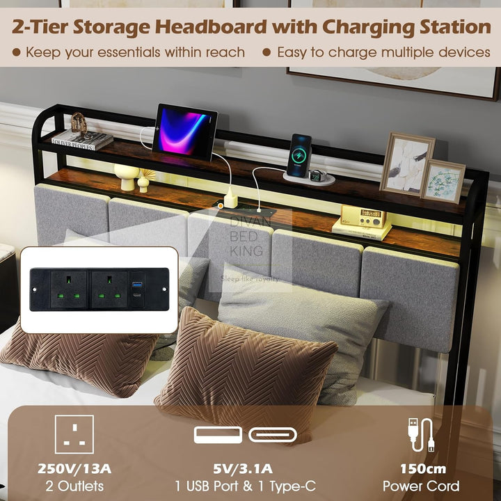 Henry Off-White Grey Linen Metal Smart Bed with 4 Optional Drawers with Headboard Shelves, LED, USB, Type-C Ports and Power Outlets