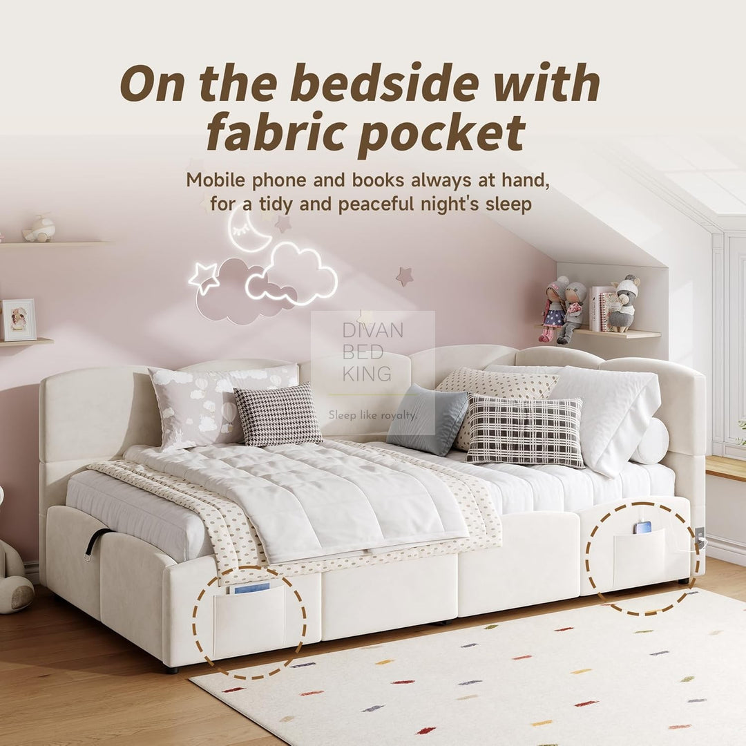 Amaia Beige Plush Velvet Smart Ottoman Storage Daybed Sofa Bed Couch with Charging Station, USB & Type C Ports
