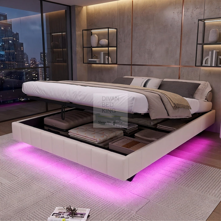 Carrillo Floating Style Smart LED Beige Linen Ottoman Gas Lift Storage Bed Base