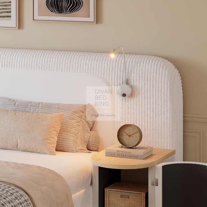 Nuragas Oversized Headboard Beige Velvet Bed Frame with Integrated Lighting & 2 Bedside Tables