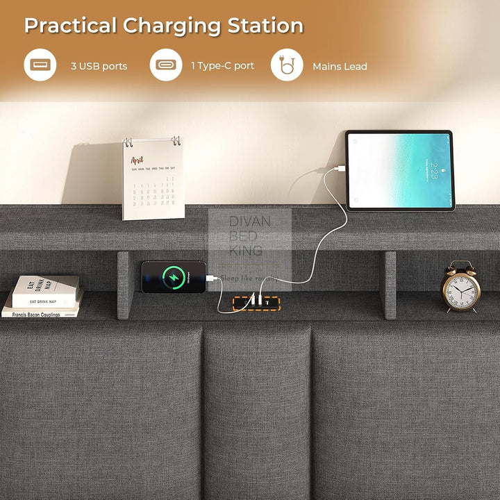 Castellano Grey Linen Ottoman Storage Bed with LED Lights, Type C and USB Charging Headboard Storage Shelf