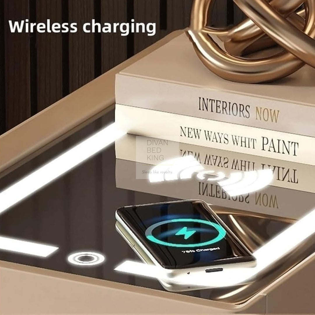 Lozano Khaki 2 Drawer Smart Bedside Table with Wireless Charging, LED and Password Protected Storage (Pre-Assembled)