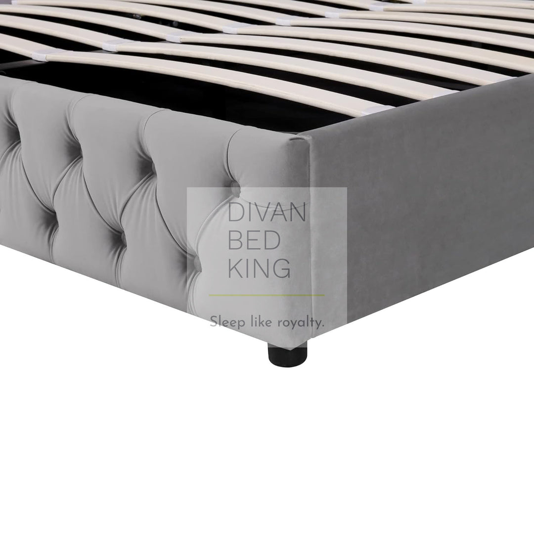 Harlow Grey Plush Velvet Wingback Ottoman Storage Bed Frame