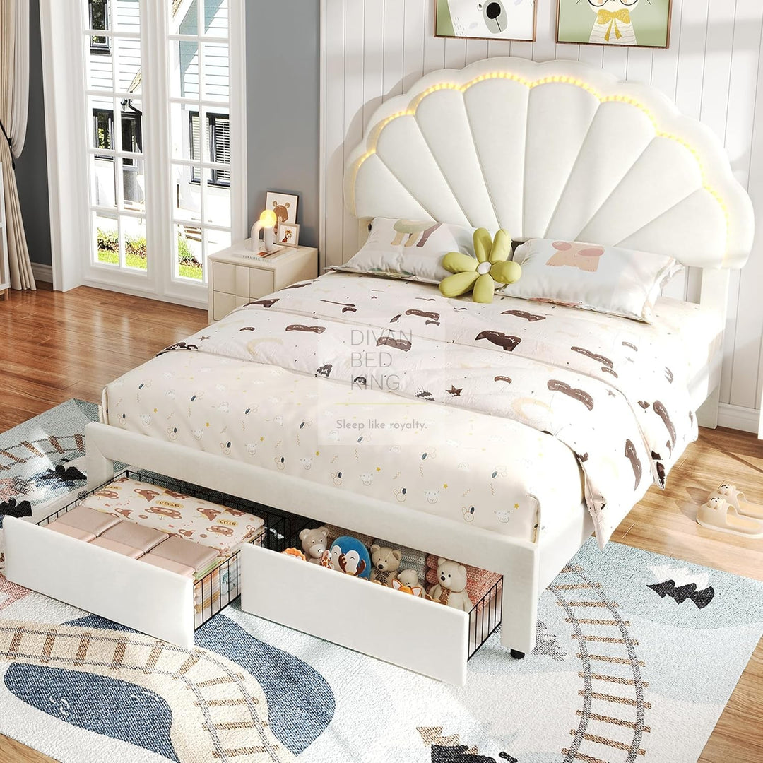 Blossom Kids Beige Off White Velvet LED Bed with End Drawer Storage