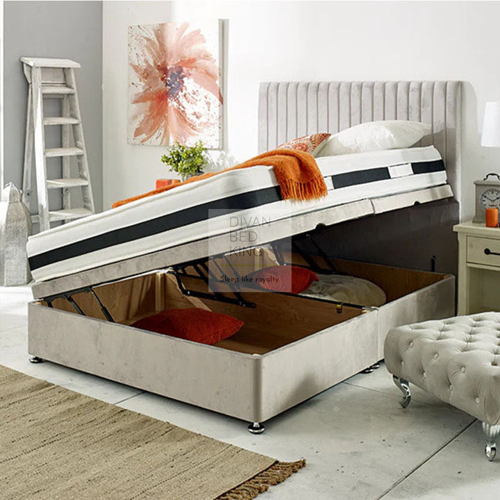 Darian Luxury Ottoman Divan Bed with Striped Floor Standing Headboard Option