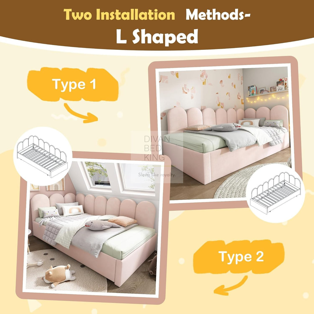 Novara Pink Plush Velvet Convertible Corner 3FT Single Daybed Sofa Bed Couch with Trundle