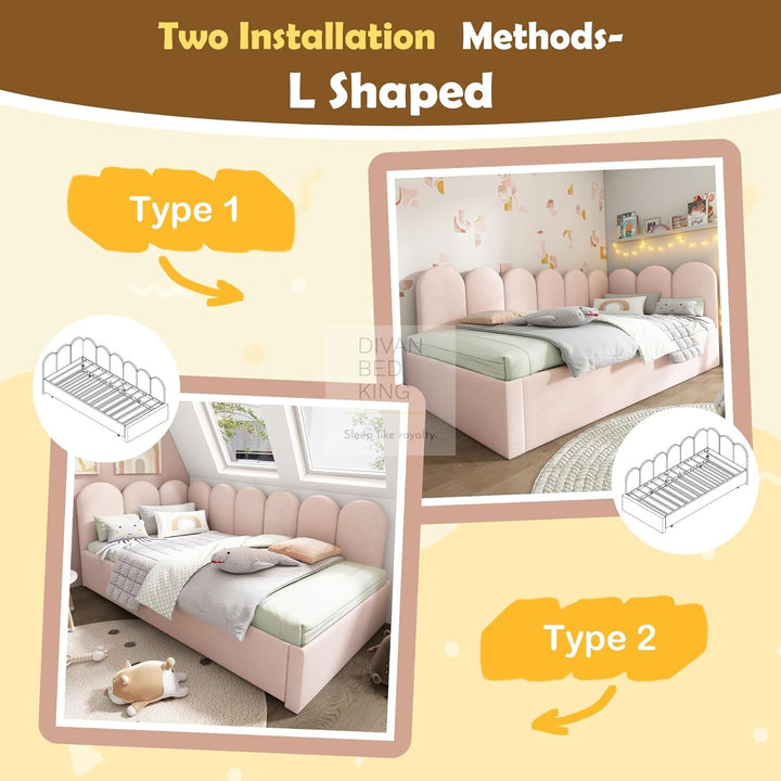 Novara Pink Plush Velvet Convertible Corner 3FT Single Daybed Sofa Bed Couch with Trundle