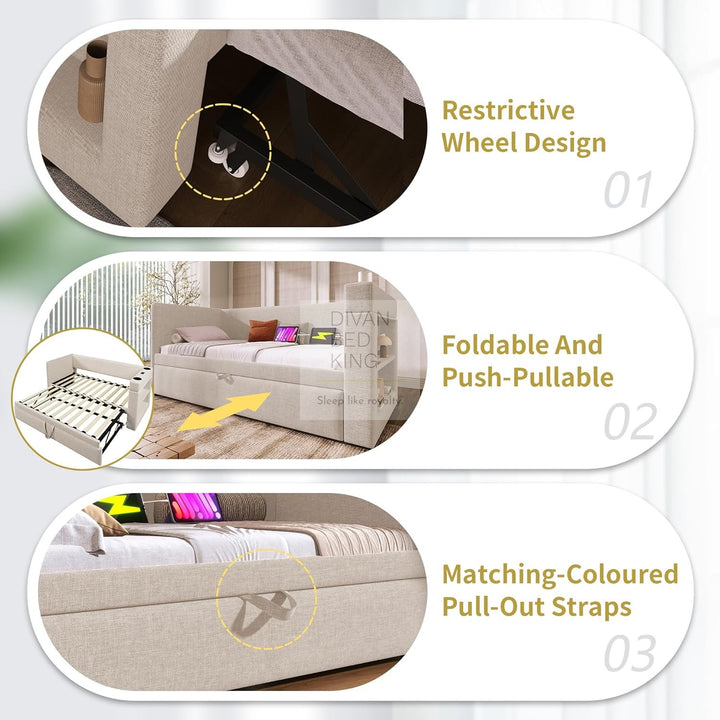 Laylani Beige Linen Smart Daybed Sofa Bed with Shelves Storage, USB & Type C Charging Station & Trundle
