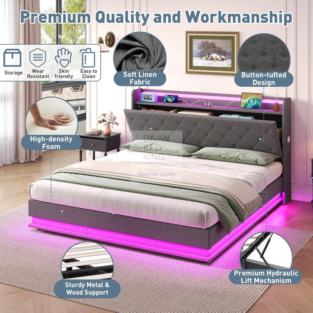Castello Grey Linen Ottoman Storage Bed with LED Lights, Type C and USB Charging Headboard Storage Shelf