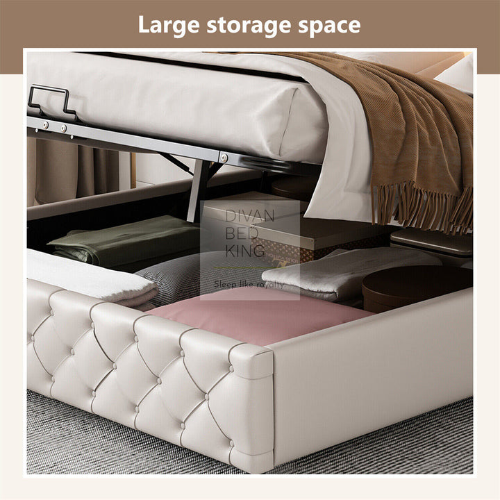 Santiago LED 4ft6 Double White Leather Ottoman Storage Bed