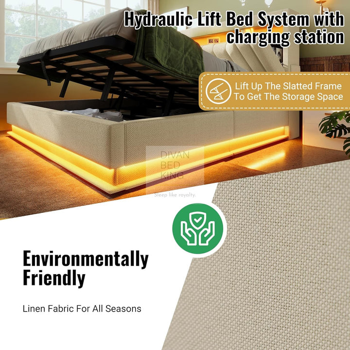 Moreno Beige Linen Wingback Ottoman Storage Smart Bed with Type C, USB & Wireless Charging Headboard Shelves