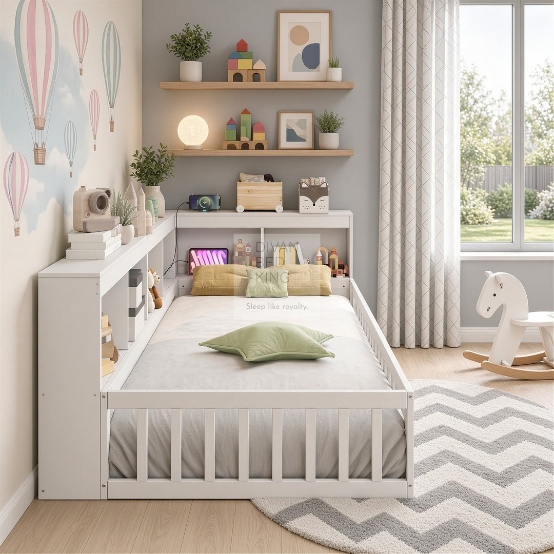 Woodward White Wooden Low Floor Bed with Type C and USB Charging Headboard Storage Shelf