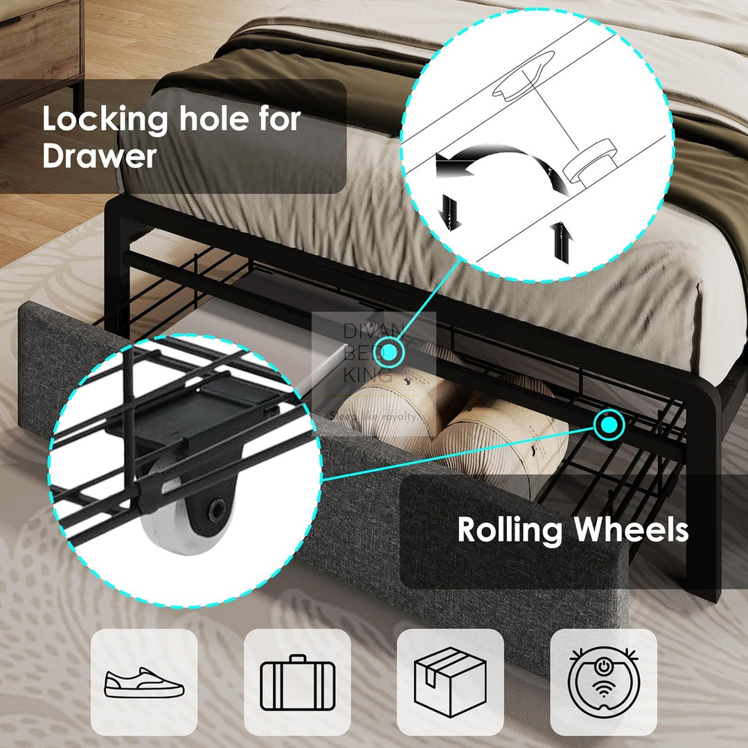 Cagliari Kids Charcoal Grey Linen 2 Drawer Smart Bed with LED Light, Type C and USB Charging Headboard Storage Shelf