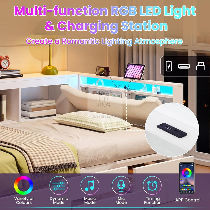 Hartman White Wooden Smart Day Bed with LED Lights, Type C and USB Charging Linen Headboard Storage Shelf