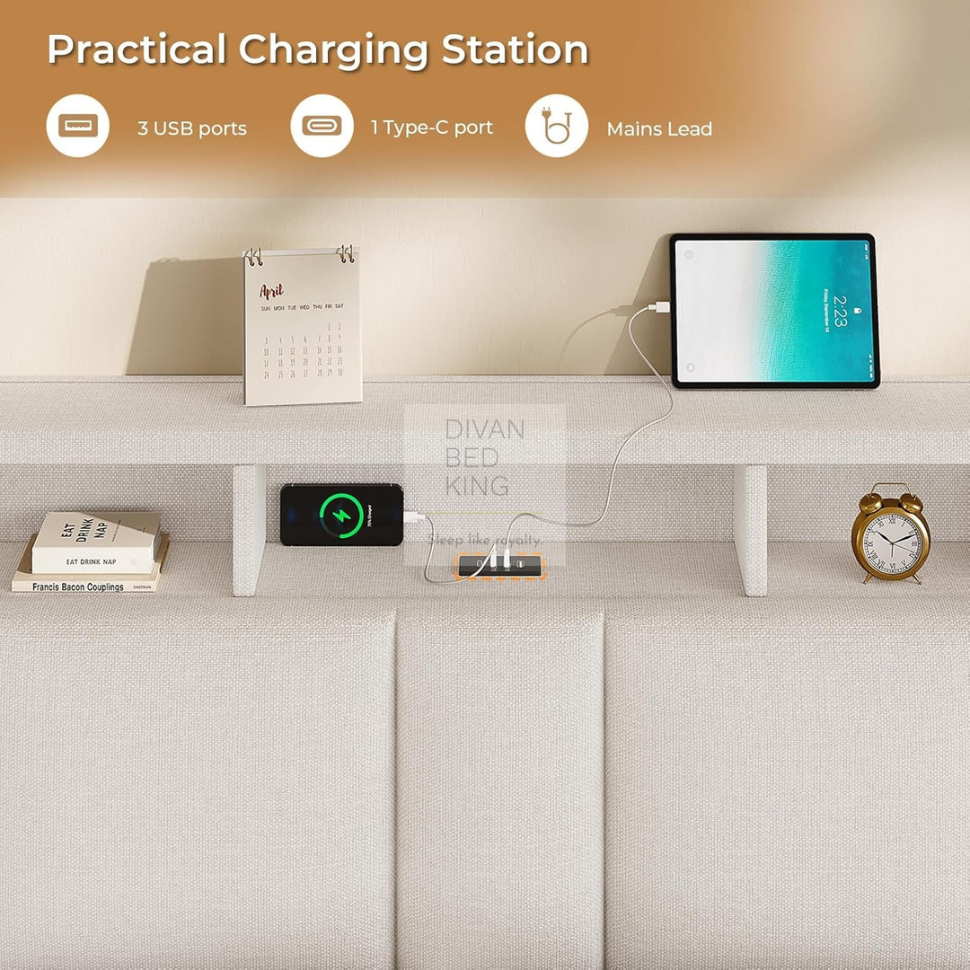Castellano Beige Linen Ottoman Storage Bed with LED Lights, Type C and USB Charging Headboard Storage Shelf