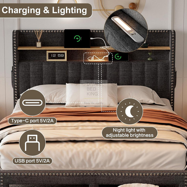 Elinor 2 Drawer Charcoal Linen Bed with LED Lighting, Type C and USB Charging Wing Headboard Shelf