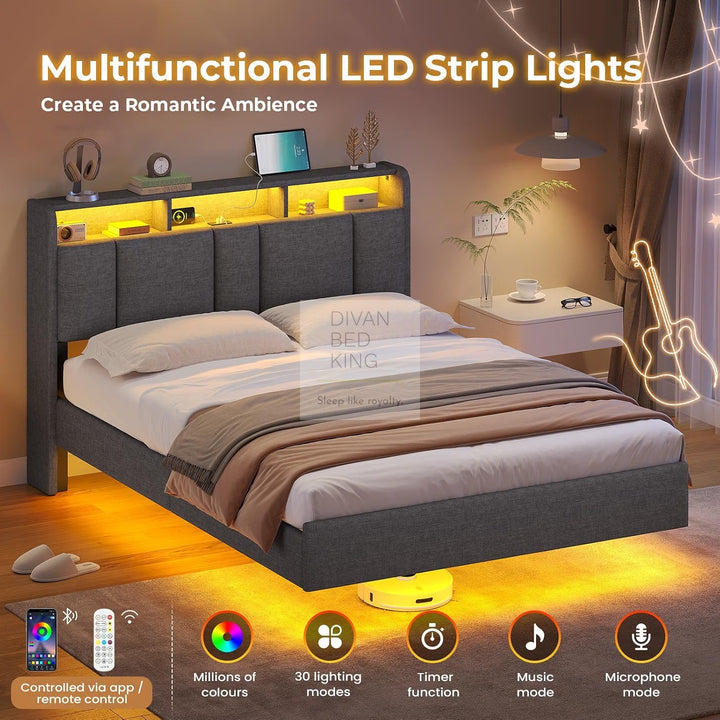 Everleigh Grey Linen Floating Bed Frame with Padded Storage Headboard, LED Lights, USB & Type-C Charging Station