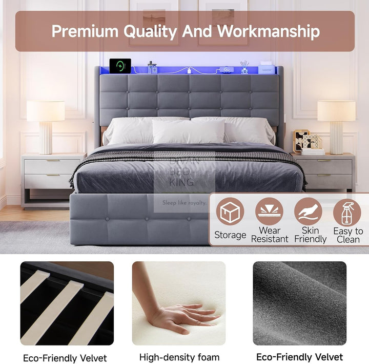 Vicente 4 Drawer Soft Grey Velvet Bed with LED Lights, Type C and USB Charging Adjustable Headboard Shelf