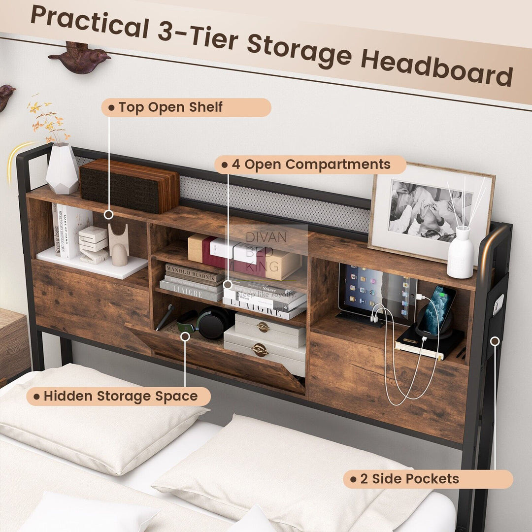 Henry Metal Divan Bed with 4 Drawers with Headboard, Shelves, Sockets and Charging Station