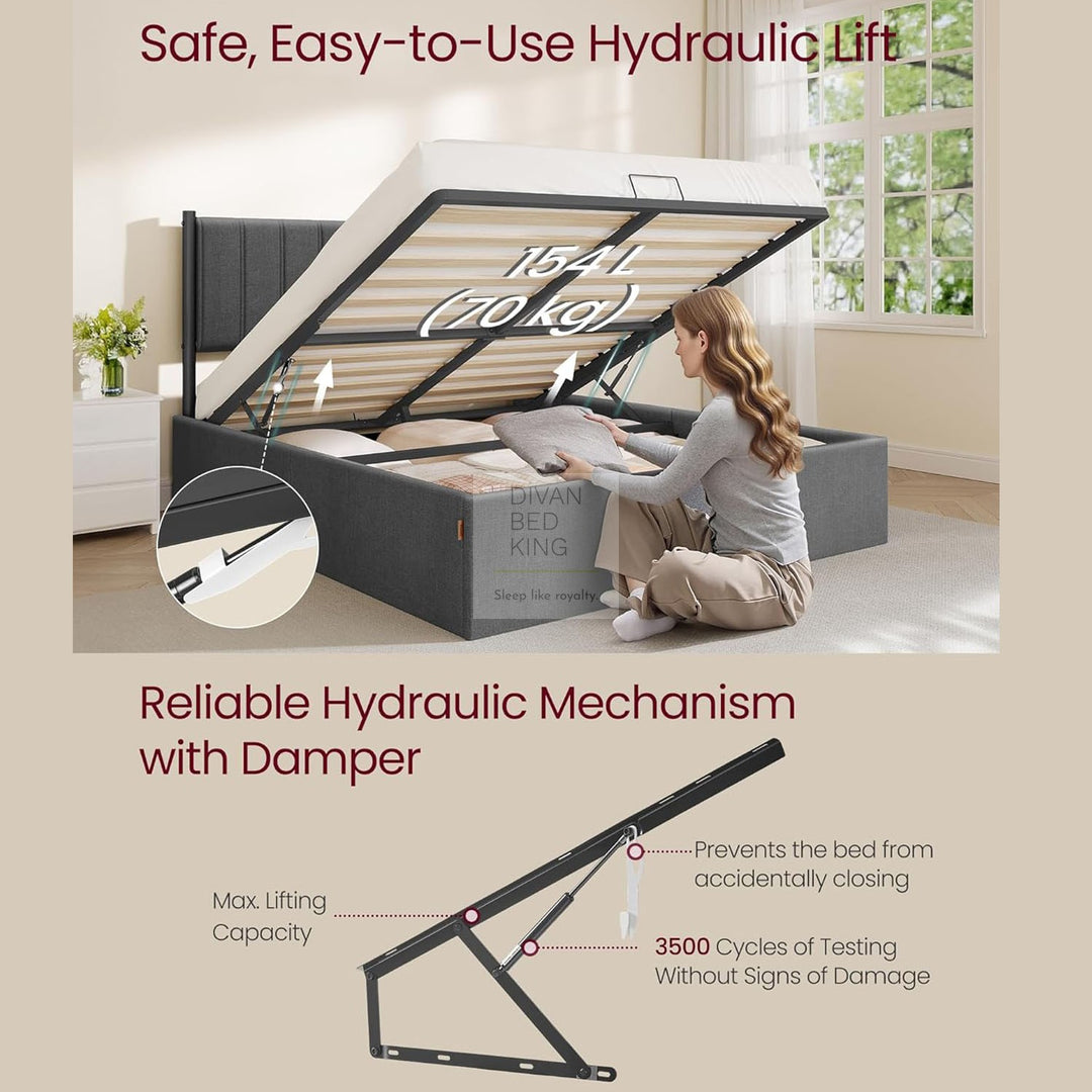 Schwartz Heavy Duty Grey Cotton Ottoman Storage Bed with Headboard and Removable Covers