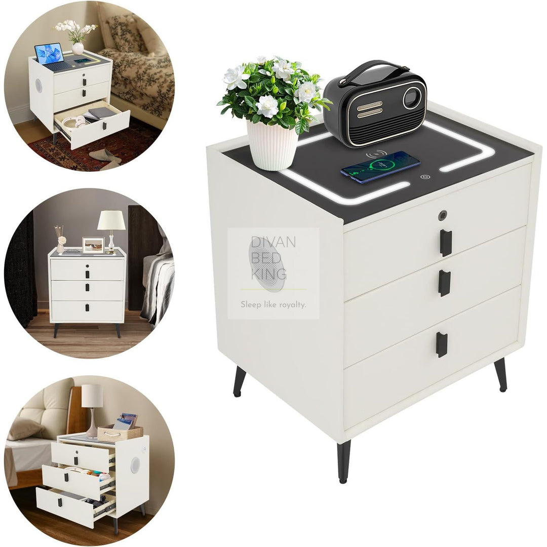 Elara White 3 Drawer Smart LED Bedside Table with Bluetooth Speakers, Fingerprint Lock, USB and Wireless Charging