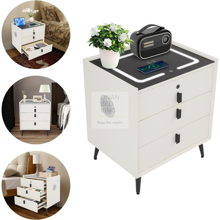 Elara White 3 Drawer Smart LED Bedside Table with Bluetooth Speakers, Fingerprint Lock, USB and Wireless Charging