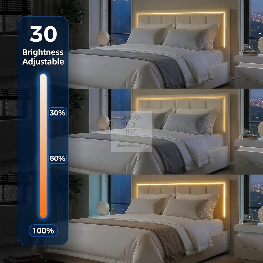 Hiley LED White Leather Ottoman Gas Lift Storage Bed Frame