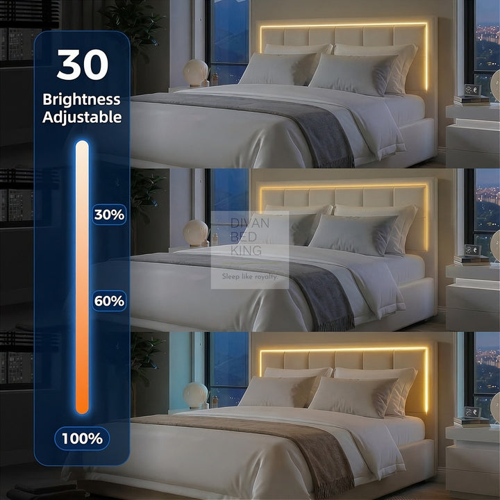 Hiley LED White Leather Ottoman Gas Lift Storage Bed Frame