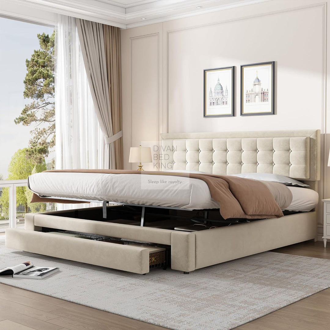 Palmiro White Beige Plush Velvet Ottoman Storage Bed with Large Drawer and Adjustable Headboard