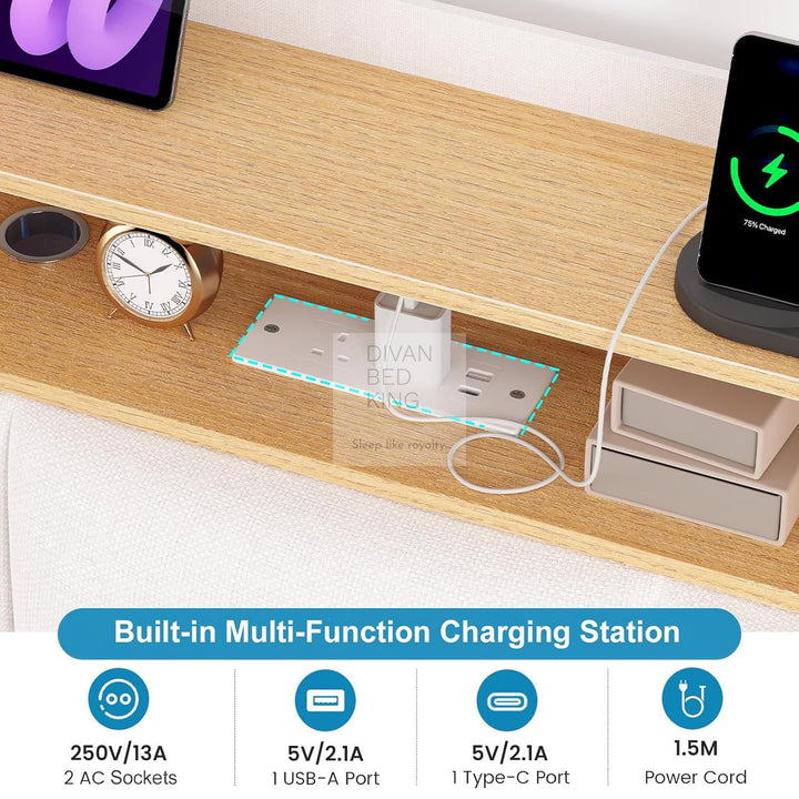Houston Smart Metal Floating Bed with White Linen Padded Storage Headboard, LED Lights, Plug Sockets, USB & Type C Charging Station