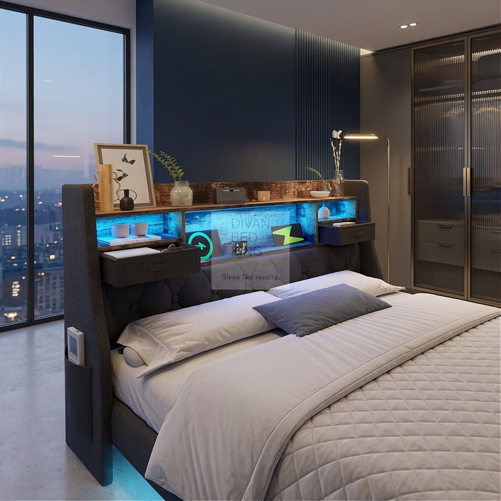 Burton Smart Metal Floating Bed Frame with Grey Padded Storage Headboard, LED Lights, USB, Type C & AC Sockets Charging Station
