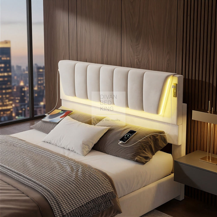 Kamari 4 Drawer Storage Beige Plush Velvet Smart Bed with with LED Lights, USB and Type-C Charging