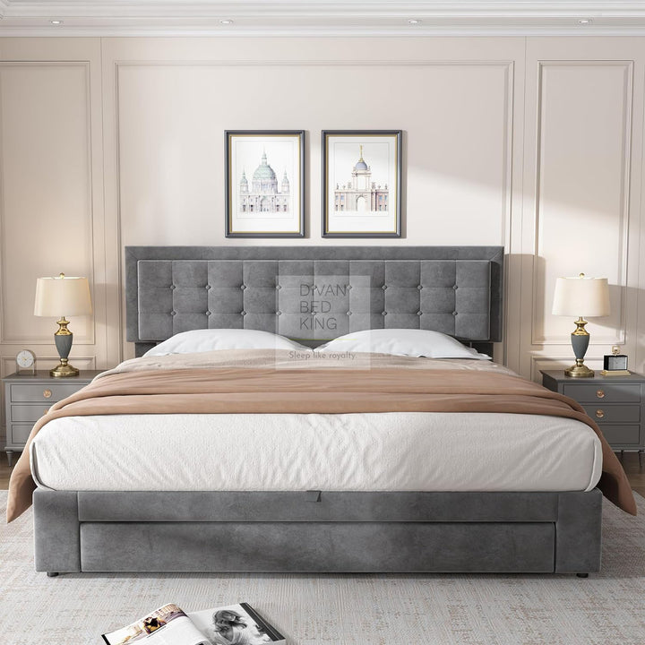 Palmiro Grey Plush Velvet Ottoman Storage Bed with Large Drawer and Adjustable Headboard