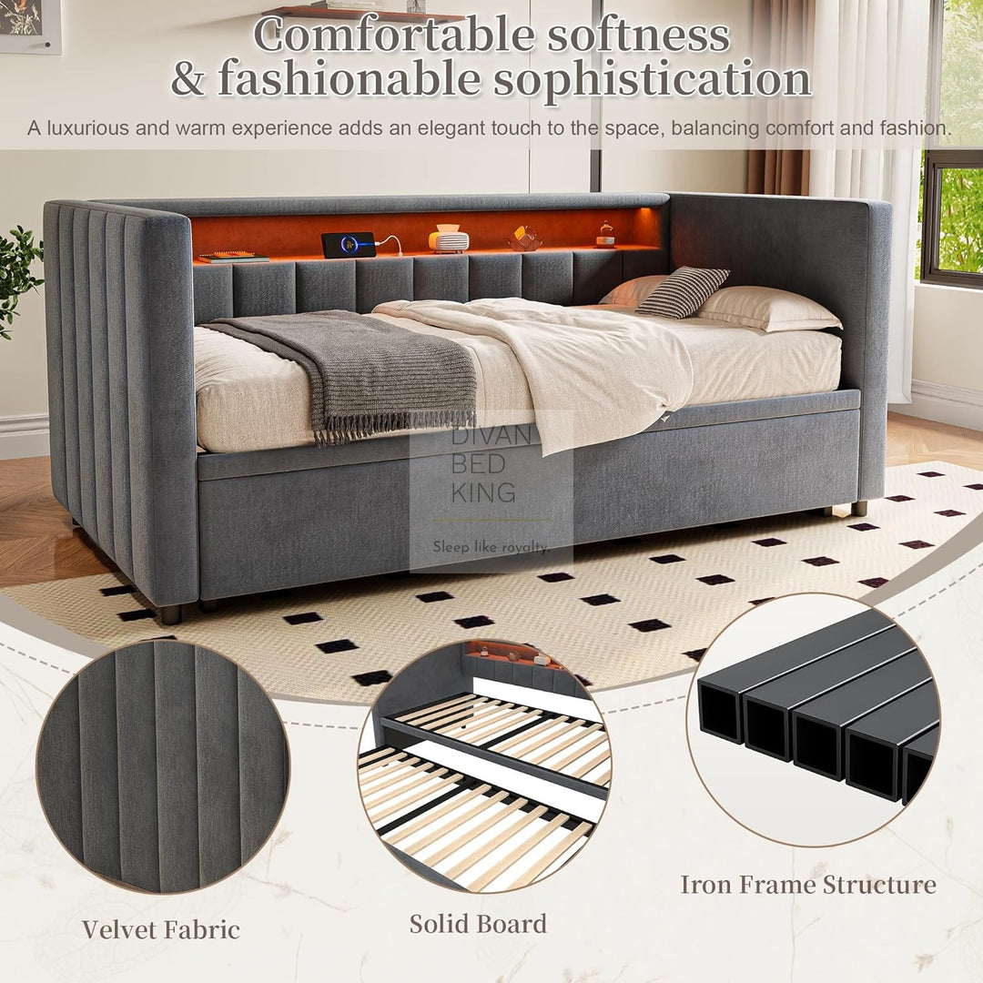 Adalynn Grey Plush Velvet Smart Sofa Bed Daybed with Bluetooth LED Lights, Storage, Shelves, USB & Type C Charging & Trundle