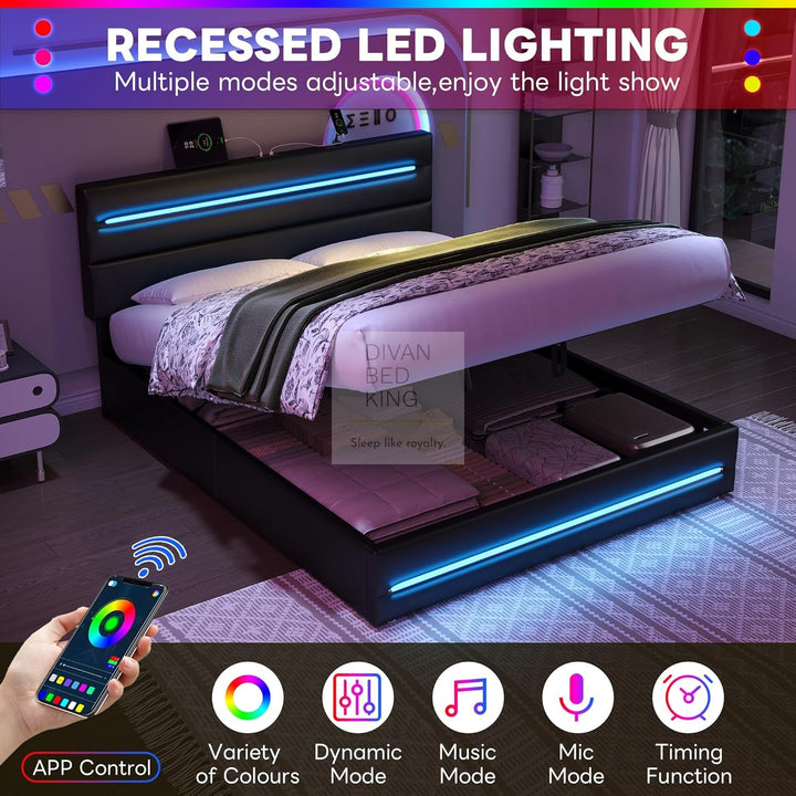 Desulo Black Leather Smart Ottoman Bed with LED Lighting, Type C, and USB Charging